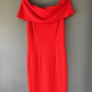 Gianni Bini 8 Bodycon Party Dress Bright Red Orange Off Shoulder Midi Cocktail